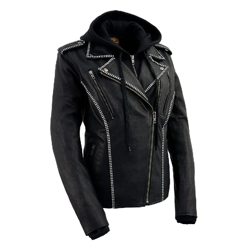 Women's Evening Wear Milwaukee Leather MLL2503 Women's Black 'Bedazzled' Leather Moto Jacket with Hoodie