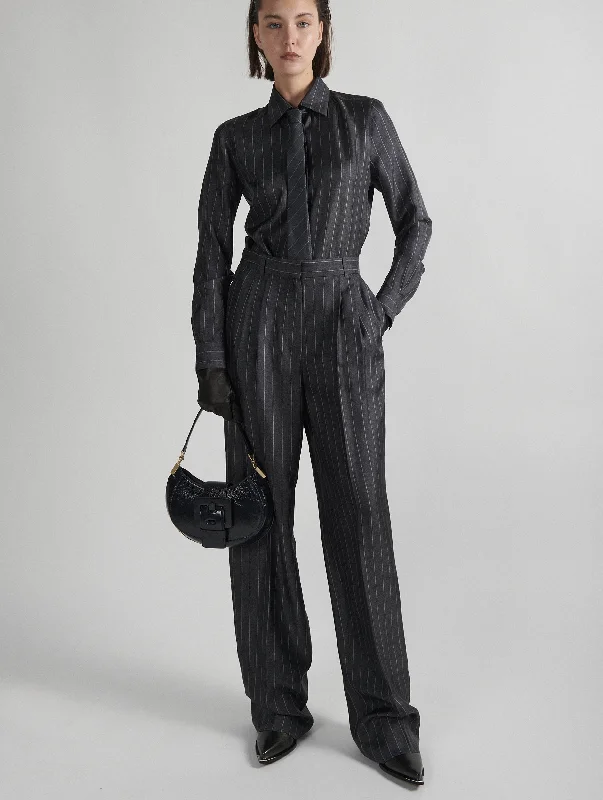 Women's Stylish Outerwear Pantalon large en twill imprimé flanelle rayée