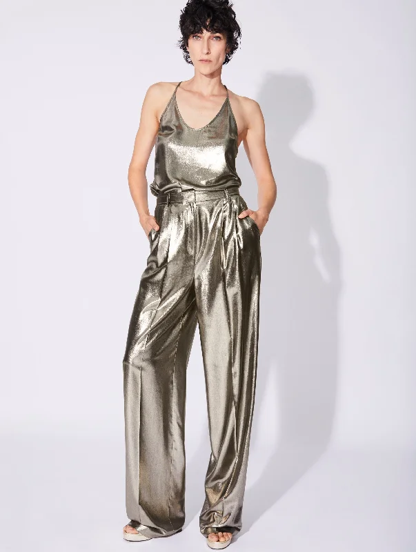 Women's High-Fashion Outfit Pantalon large à pli en lamé gold