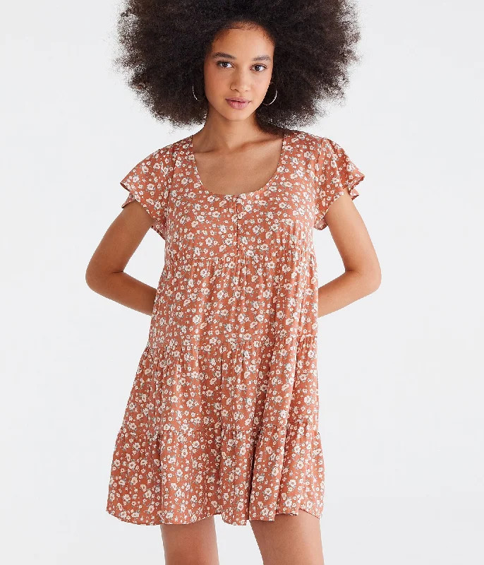 Women's High-End Clothing Aeropostale Floral Scoop-Neck Buttoned Babydoll Dress