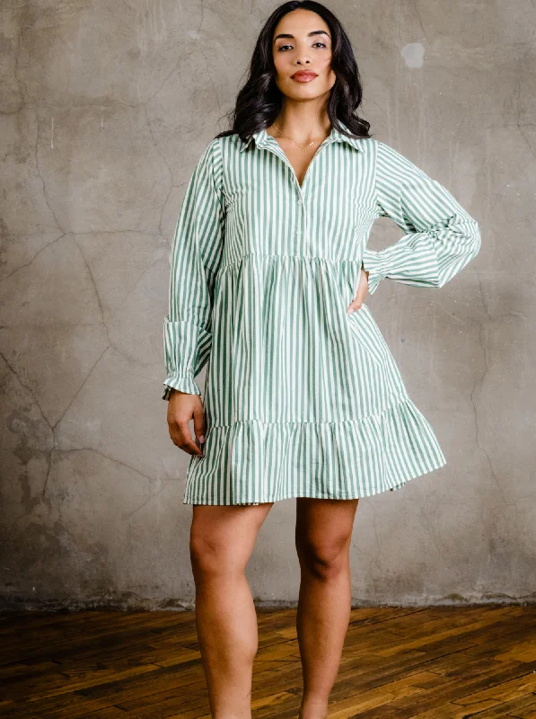 Women's Formal Apparel Aleesha Tiered Mini Shirtdress - Green Cabana Stripe