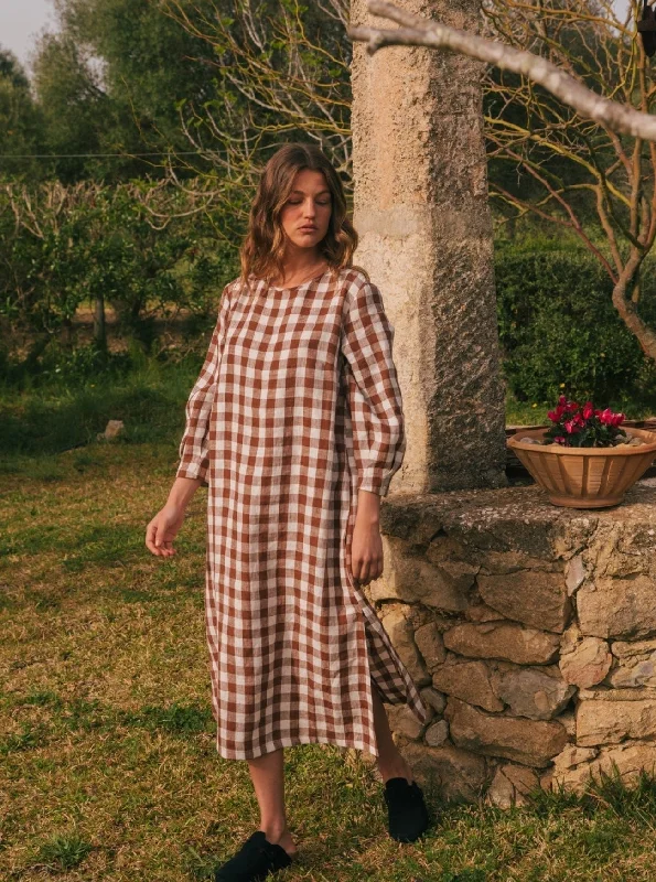 Comfortable Lounge Clothing Amalia Long-Length Linen Dress - Mocha Gingham