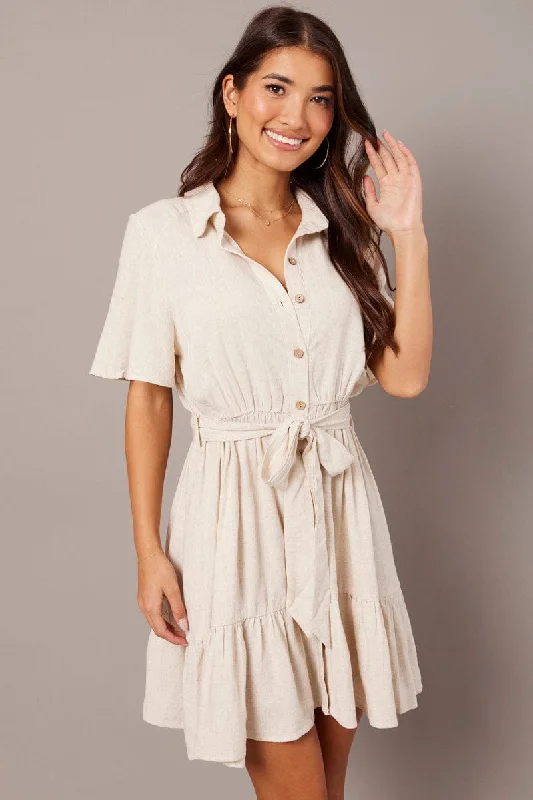 Women's Comfortable Lounge Attire Beige Fit And Flare Dress Wing Sleeve