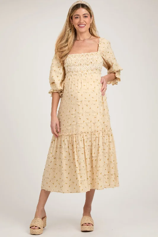 Women's Comfortable Lounge Outfit Beige Floral Square Neck Smocked Fringe Maternity Midi Dress