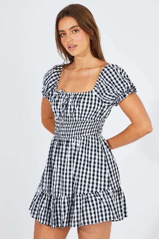 Women's High-End Clothing Black Check Fit And Flare Dress Puff Sleeve Mini