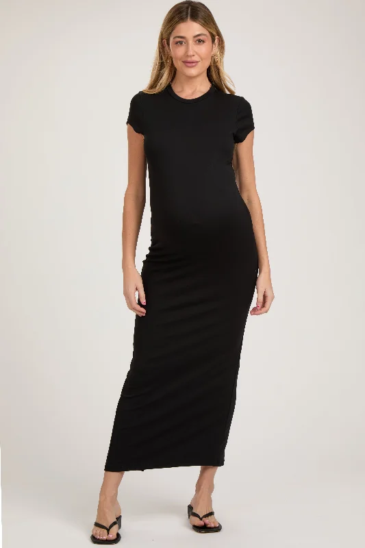 Stylish Dresses for Women Black Fitted Short Sleeve Maternity Maxi Dress