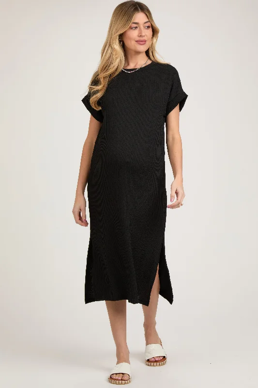 Chic Clothes For Women Black Ribbed Short Sleeve Maternity Midi Dress