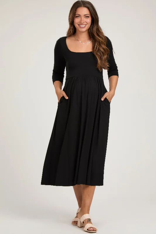 Casual Chic Clothing For Women Black Square Neck 3/4 Sleeve Maternity Midi Dress