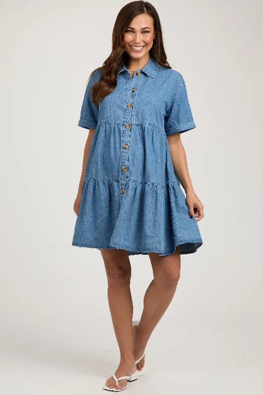 Women's Holiday Attire Blue Denim Button Down Tiered Maternity Dress