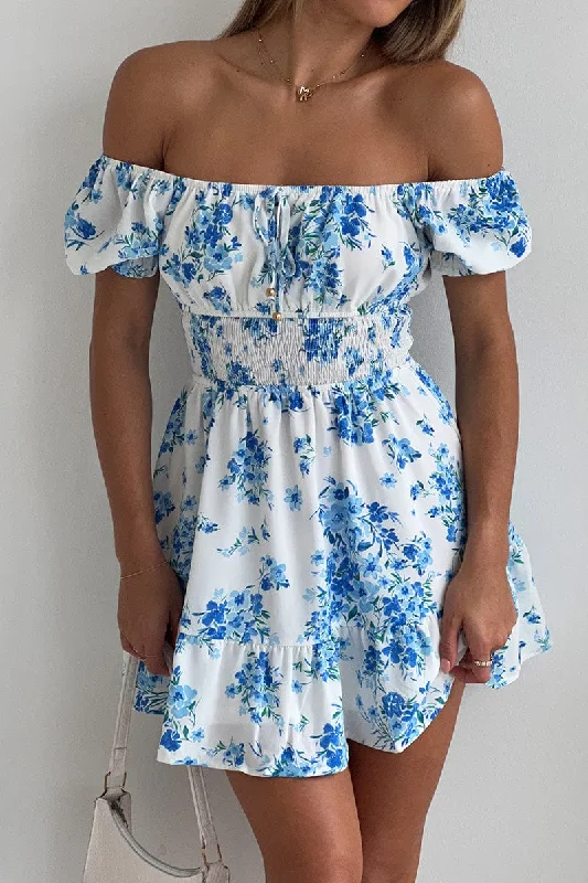 Winter Wardrobe Clearance Blue Floral Fit And Flare Dress Mini