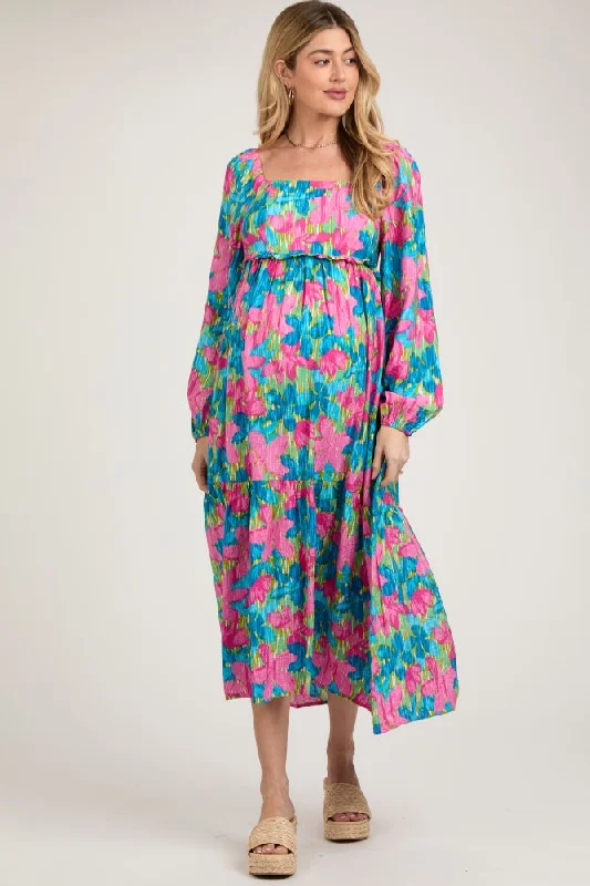 Women's Casual Garments Blue Floral Long Sleeve Maternity Midi Dress