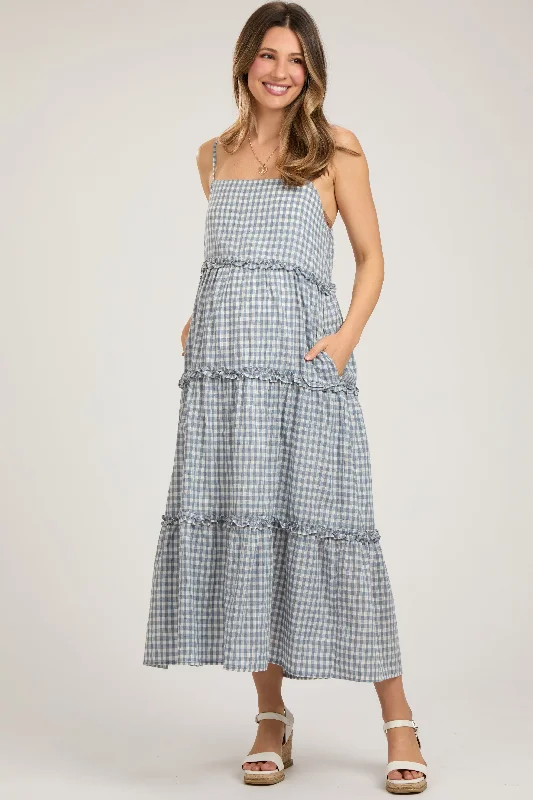 Women's Clothes Blue Gingham Ruffle Tiered Maternity Midi Dress