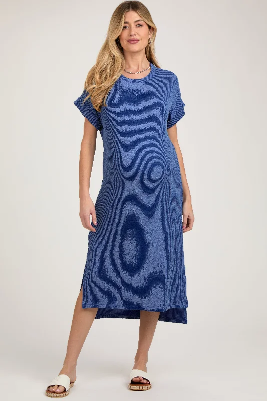 High-End Women's Apparel Blue Ribbed Short Sleeve Maternity Midi Dress