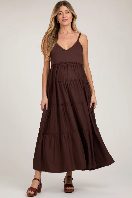 Women's Transitional Clothes Brown Tiered Sleeveless Maternity Maxi Dress