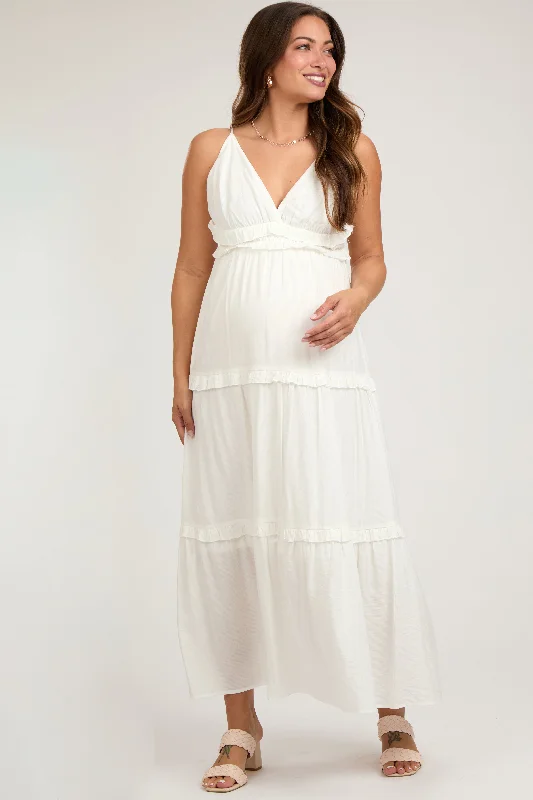 Clothes Woman Cream Striped Ruffle Tiered Maternity Maxi Dress