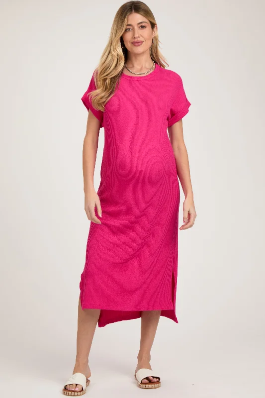 Women's Wedding Apparel Fuchsia Ribbed Short Sleeve Maternity Midi Dress