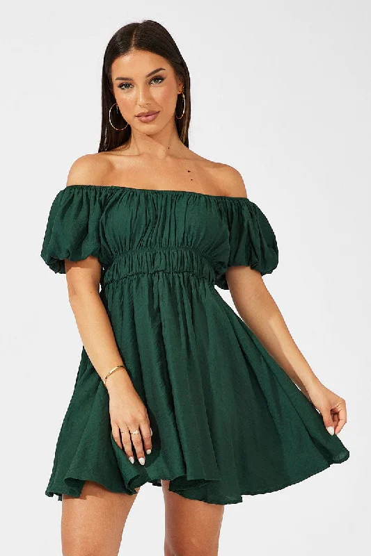 Women's Clothes And Apparel Sets Green Fit and Flare Dress Short Sleeve Ruched