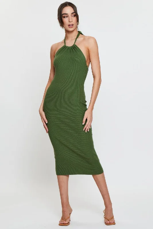 Women's Urban Clothing Green Knit Dress Midi Halter Neck