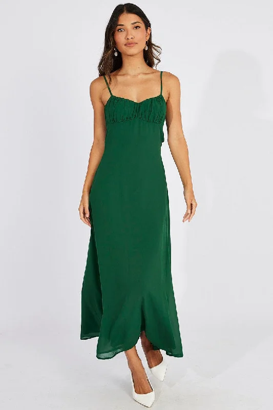 Women's Professional Outfit Green Maxi Dress Gathered Bust Strappy