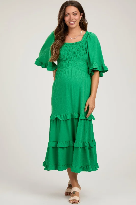 Women's Clothing With Trendy Designs Green Smocked Ruffle Tiered Maternity Midi Dress