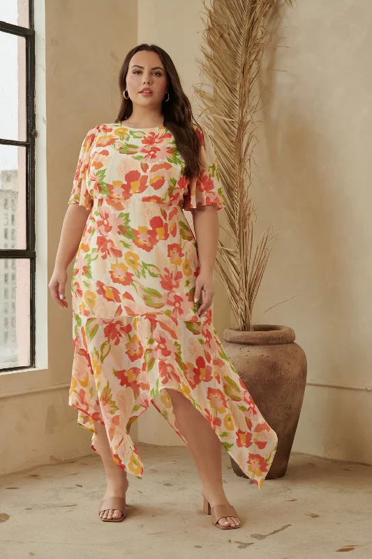 Women's Clothes Kailua Floral Aerin Asymmetrical Flutter Midi Dress Curve