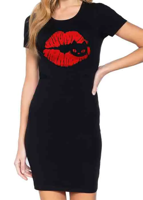 Modern Women's Fashion with Vintage Touches Kiss Meow Tshirt Dress