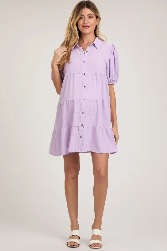 Charming Women's Clothes For Special Events Lavender Button Front Tiered Collared Maternity Dress