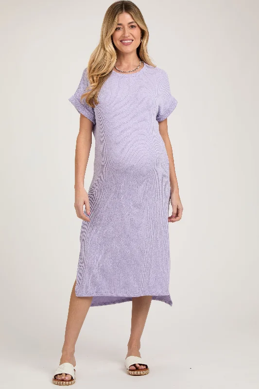 Fashionable Women's Wardrobe Lavender Ribbed Short Sleeve Maternity Midi Dress