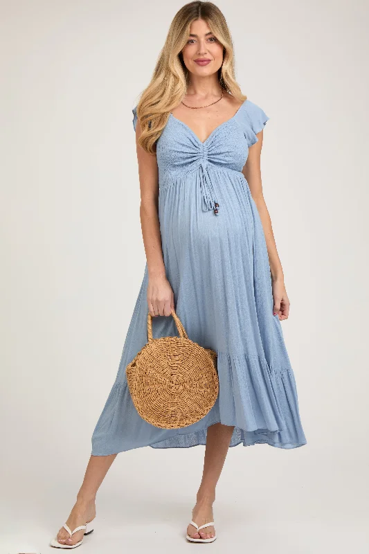 Affordable Online Boutique Light Blue Smocked Ruched Ruffle Hem Maternity Maxi Dress