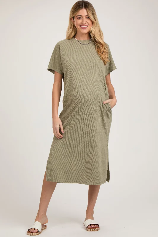 Affordable Online Boutiques Light Olive Ribbed Short Dolman Sleeve Side Slit Maternity Midi Dress