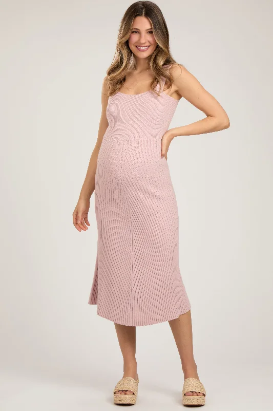 High-Quality Women's Fashion Dresses Light Pink Sweater Knit A-Line Maternity Midi Dress