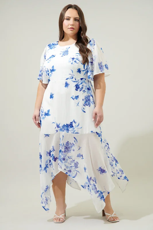 Modern Women's Wardrobe Essentials Mariposa Floral Aerin Asymmetrical Flutter Midi Dress Curve