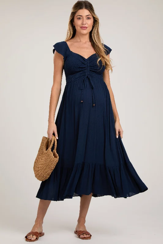 Flash Discount Navy Smocked Ruched Ruffle Hem Maternity Maxi Dress