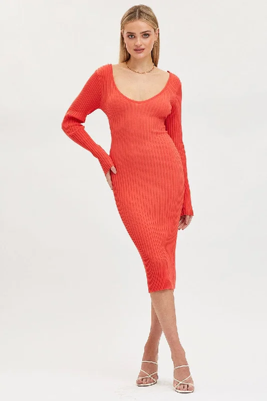 Women's Transitional Clothes Orange Knit Dress Evening Midi