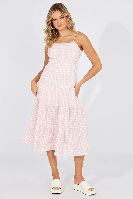 Exclusive Online Sale Pink Check Midi Dress Sleeveless Tie Back