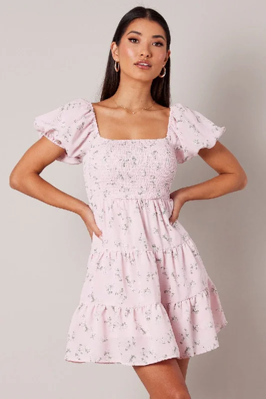 Vintage-Inspired Women's Clothes Pink Floral Fit And Flare Dress Puff Sleeve