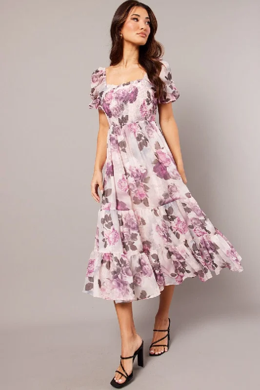 Chic Women's Attire Pink Floral Maxi Dress Puff Sleeve