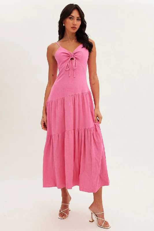 Women's Clothing Online Pink Maxi Dress Sleeveless Tiered Linen Blend