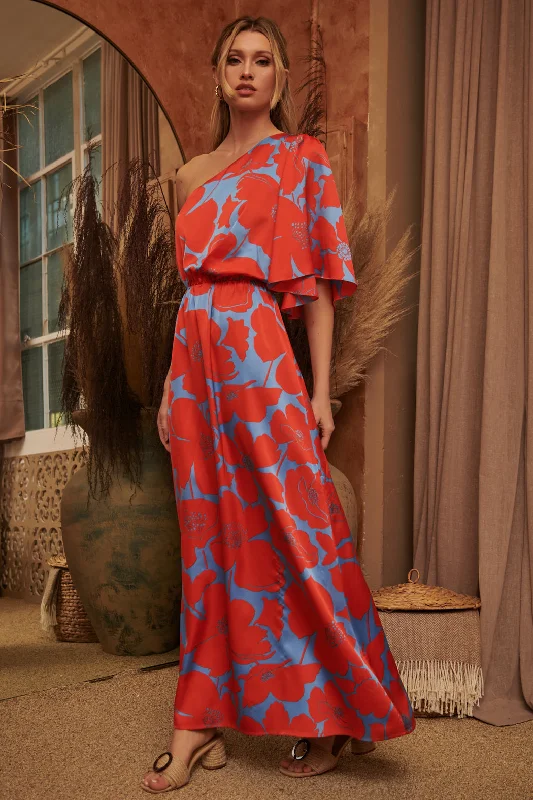 Women Fashion Poppy Floral Meara One Shoulder Satin Maxi Dress