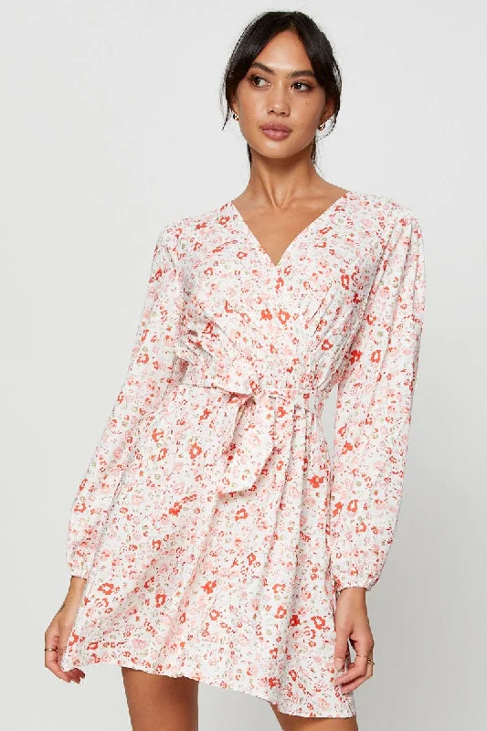 Women's Floral Print Outfit Print Wrap Dress Long Sleeve Mini