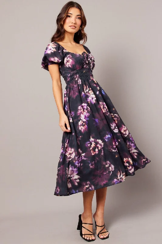 Women's Vintage-Inspired Outfit Purple Floral Midi Dress Short Sleeve Ruched Bust