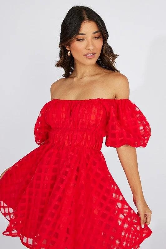 Women Fashion Red Fit And Flare Dress Puff Sleeve Mini