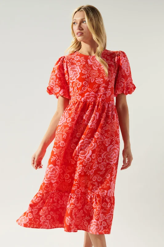 Online Boutiques Clothing Rhubarb Floral Papillon Puff Sleeve Midi Dress