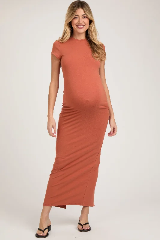 Women's Occasion Wear Clothing Rust Fitted Short Sleeve Maternity Maxi Dress