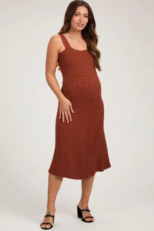 Women's Active Outfit For Fitness Rust Sweater Knit A-Line Maternity Midi Dress