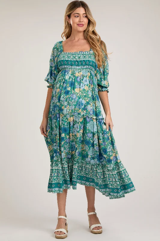 Comfortable Women's Clothing Teal Floral Smocked Half-Length Sleeves Maternity Midi Dress