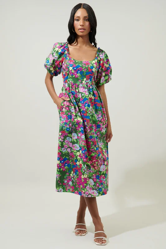 Casual Attire For Women Trinity Floral Lullaby Balloon Sleeve Midi Dress