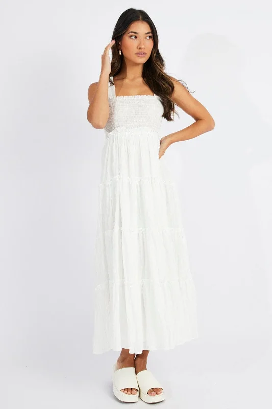 Luxury Women's Clothing White Maxi Dress Shirred Bust Tiered