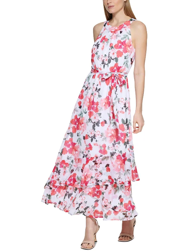 Women's Seasonal Clothes Womens Floral Print Tea Length Halter Dress