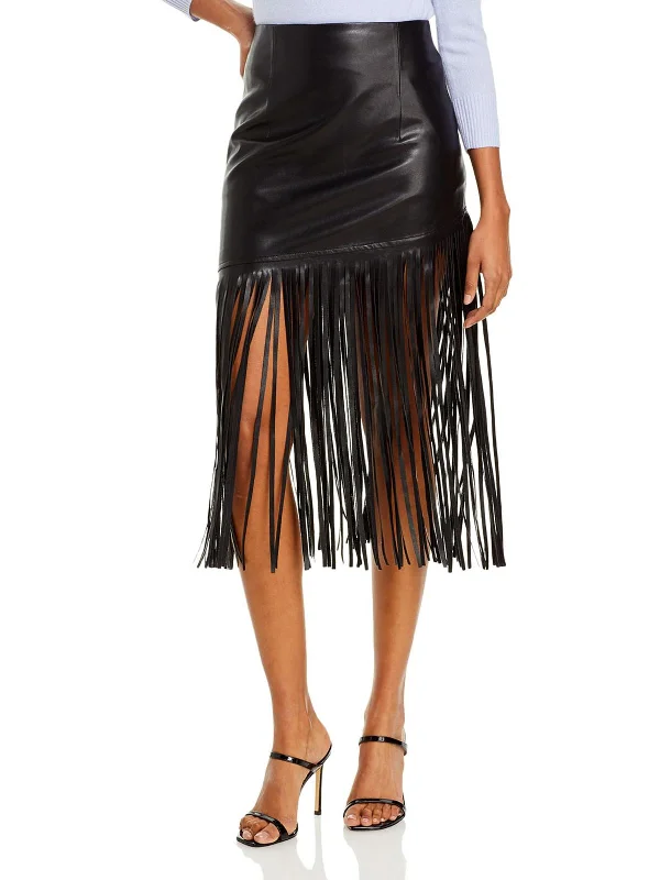 Affordable Online Boutiques Womens Vegan Leather Fringe Midi Skirt